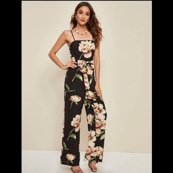 Black Floral Wide Leg Spaghetti Strap Jumpsuit - Picture 4 of 6